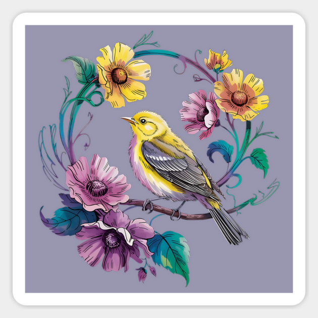 Bright Yellow Warbler Bird in a Vivid Floral Wreath Magnet by BirdsnStuff