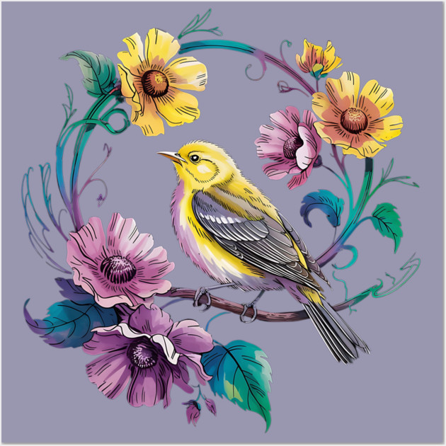 Bright Yellow Warbler Bird in a Vivid Floral Wreath Wall Art by BirdsnStuff