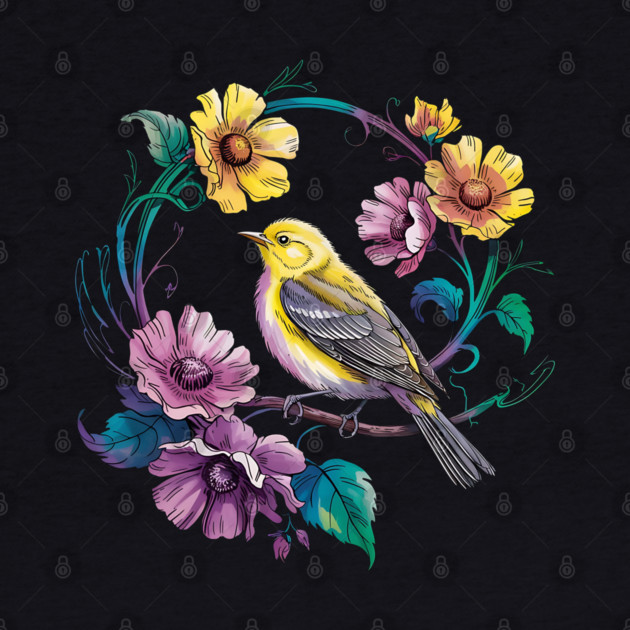 Bright Yellow Warbler Bird in a Vivid Floral Wreath by BirdsnStuff