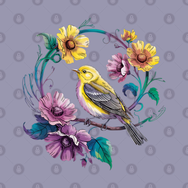 Bright Yellow Warbler Bird in a Vivid Floral Wreath by BirdsnStuff