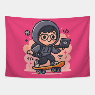 Skate & Code – Kawaii Hacker on Wheels Tapestry