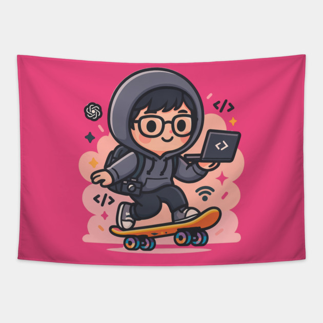 Skate & Code – Kawaii Hacker on Wheels Tapestry by Hobby Helpers Merch