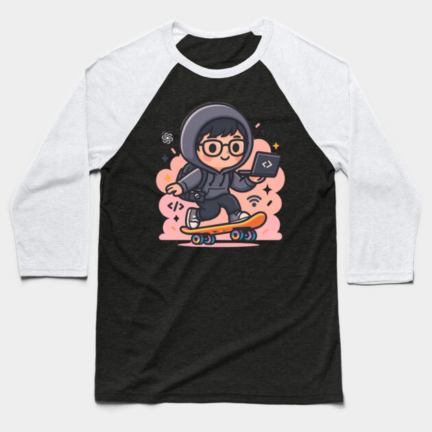 Skate & Code – Kawaii Hacker on Wheels Baseball T-Shirt by Hobby Helpers Merch