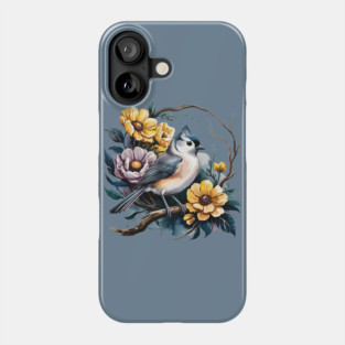 Tufted Titmouse Perched in Rustic Floral Wreath Phone Case