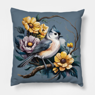 Tufted Titmouse Perched in Rustic Floral Wreath Pillow