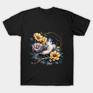Tufted Titmouse Perched in Rustic Floral Wreath T-Shirt