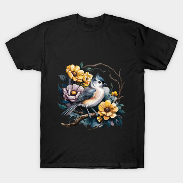 Tufted Titmouse Perched in Rustic Floral Wreath T-Shirt by BirdsnStuff