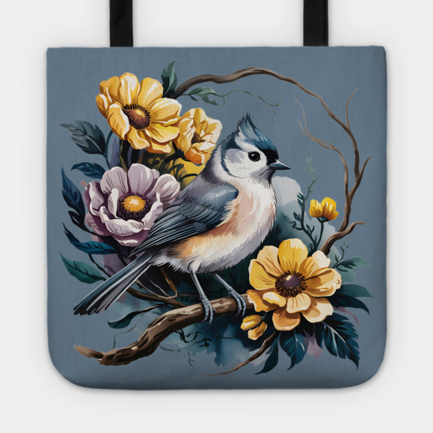 Tufted Titmouse Perched in Rustic Floral Wreath Tote by BirdsnStuff