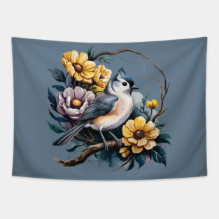Tufted Titmouse Perched in Rustic Floral Wreath Tapestry