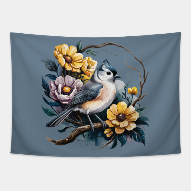 Tufted Titmouse Perched in Rustic Floral Wreath Tapestry by BirdsnStuff
