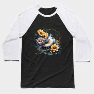 Tufted Titmouse Perched in Rustic Floral Wreath Baseball T-Shirt