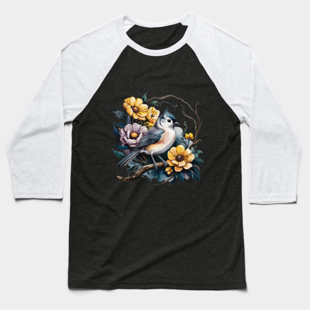 Tufted Titmouse Perched in Rustic Floral Wreath Baseball T-Shirt by BirdsnStuff