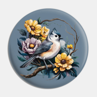 Tufted Titmouse Perched in Rustic Floral Wreath Pin