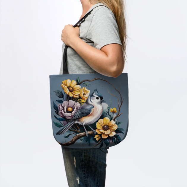 Tufted Titmouse Perched in Rustic Floral Wreath by BirdsnStuff