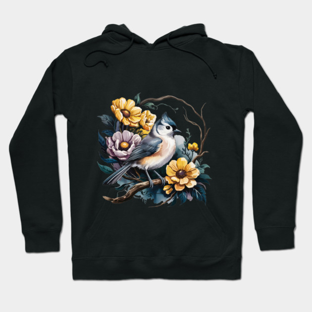 Tufted Titmouse Perched in Rustic Floral Wreath Hoodie by BirdsnStuff