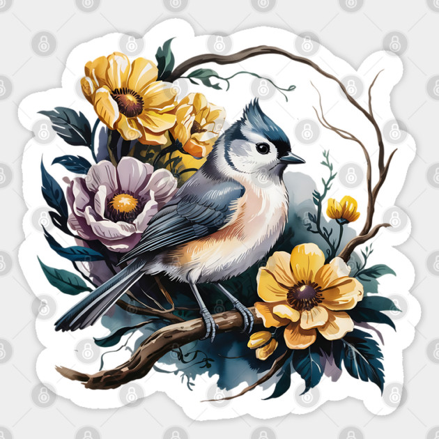 Tufted Titmouse Perched in Rustic Floral Wreath Sticker by BirdsnStuff
