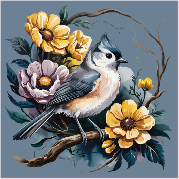 Tufted Titmouse Perched in Rustic Floral Wreath Wall Art by BirdsnStuff