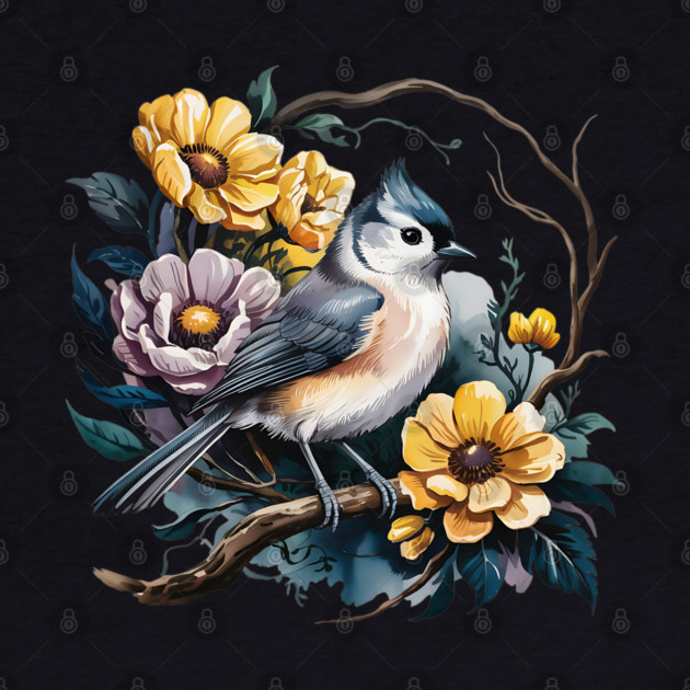 Tufted Titmouse Perched in Rustic Floral Wreath by BirdsnStuff