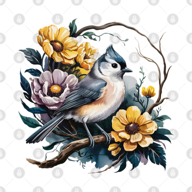 Tufted Titmouse Perched in Rustic Floral Wreath by BirdsnStuff