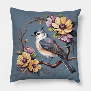 Tufted Titmouse In Rustic Botanical Wreath Pillow
