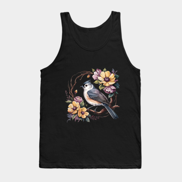 Tufted Titmouse In Rustic Botanical Wreath Tank Top by BirdsnStuff
