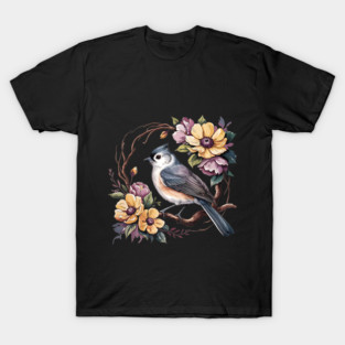 Tufted Titmouse In Rustic Botanical Wreath T-Shirt
