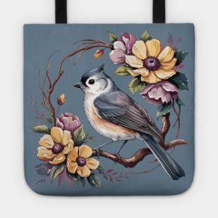 Tufted Titmouse In Rustic Botanical Wreath Tote