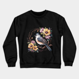 Tufted Titmouse In Rustic Botanical Wreath Crewneck Sweatshirt