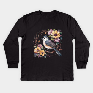 Tufted Titmouse In Rustic Botanical Wreath Kids Long Sleeve T-Shirt