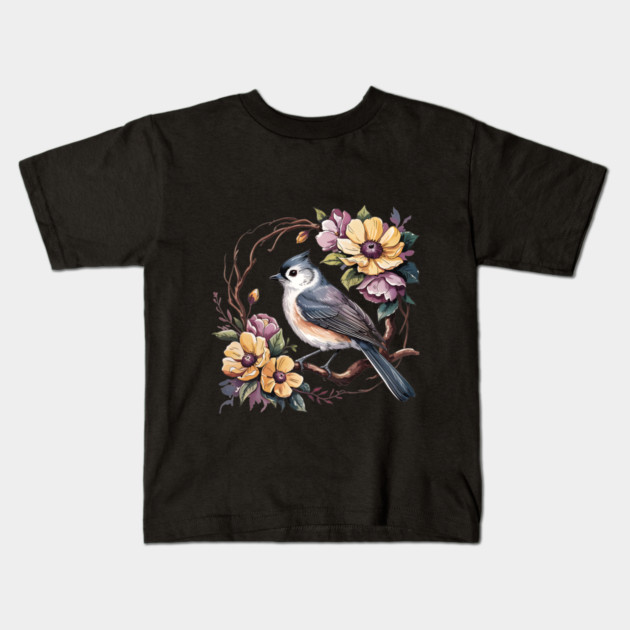 Tufted Titmouse In Rustic Botanical Wreath Kids T-Shirt by BirdsnStuff