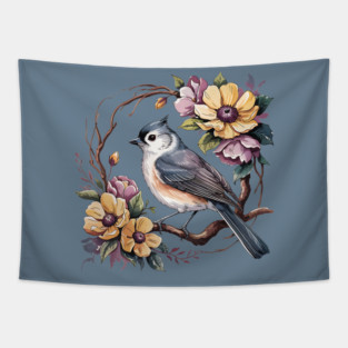 Tufted Titmouse In Rustic Botanical Wreath Tapestry