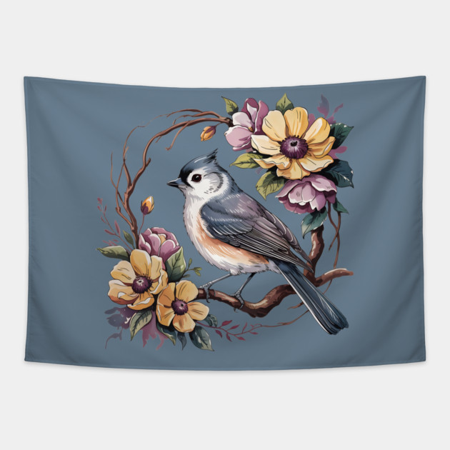 Tufted Titmouse In Rustic Botanical Wreath Tapestry by BirdsnStuff
