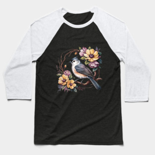 Tufted Titmouse In Rustic Botanical Wreath Baseball T-Shirt