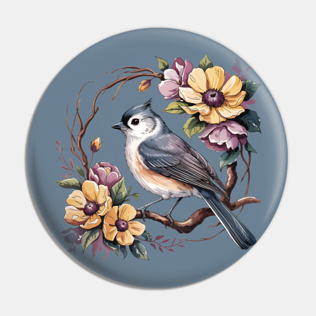 Tufted Titmouse In Rustic Botanical Wreath Pin by BirdsnStuff
