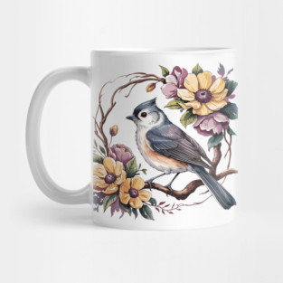 Tufted Titmouse In Rustic Botanical Wreath Mug
