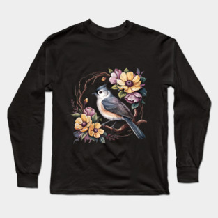 Tufted Titmouse In Rustic Botanical Wreath Long Sleeve T-Shirt