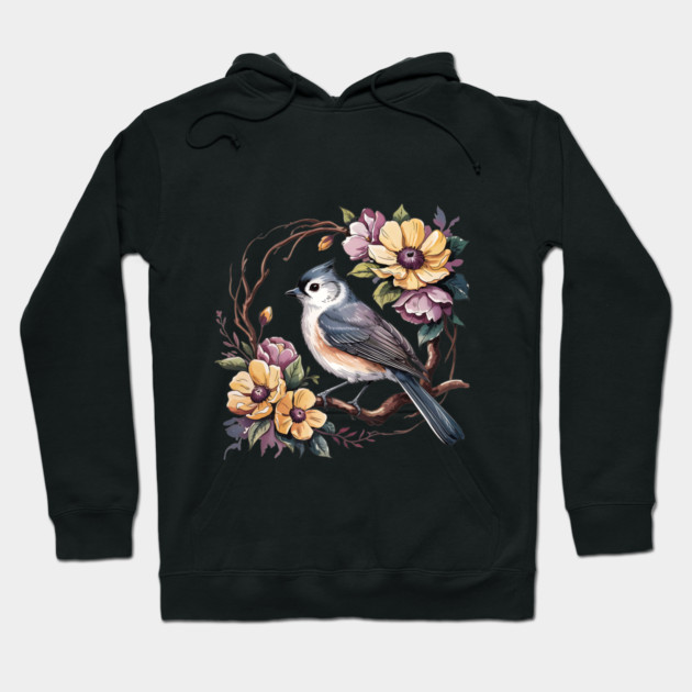 Tufted Titmouse In Rustic Botanical Wreath Hoodie by BirdsnStuff