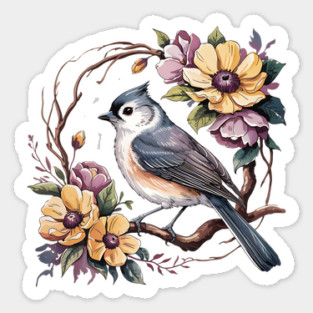Tufted Titmouse In Rustic Botanical Wreath Sticker