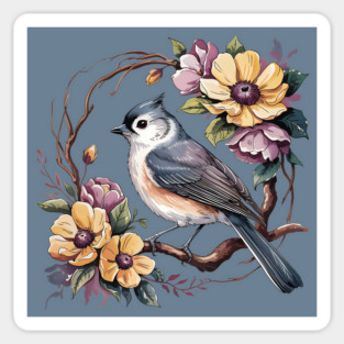 Tufted Titmouse In Rustic Botanical Wreath Magnet