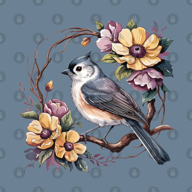 Tufted Titmouse In Rustic Botanical Wreath by BirdsnStuff