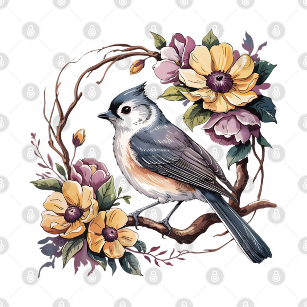 Tufted Titmouse In Rustic Botanical Wreath by BirdsnStuff