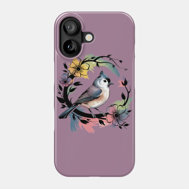 Pastel Tufted Titmouse with Rainbow Floral Wreath Phone Case by BirdsnStuff
