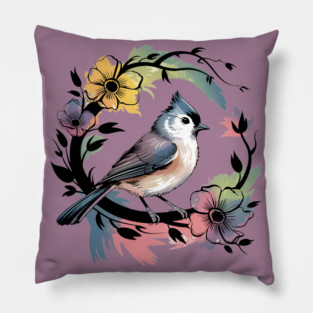 Pastel Tufted Titmouse with Rainbow Floral Wreath Pillow