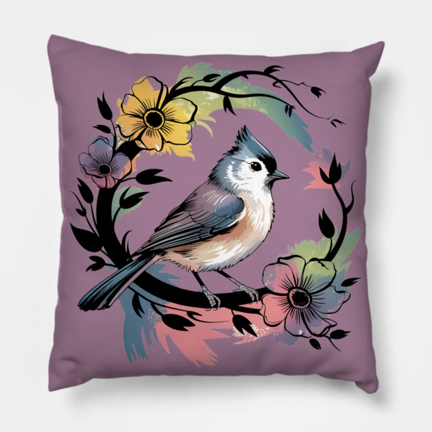 Pastel Tufted Titmouse with Rainbow Floral Wreath Pillow by BirdsnStuff