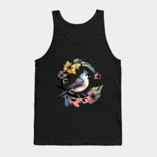 Pastel Tufted Titmouse with Rainbow Floral Wreath Tank Top