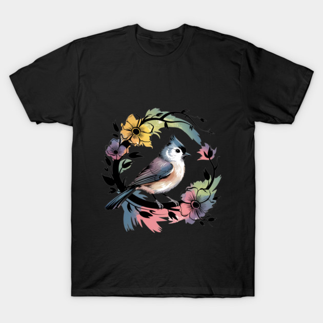 Pastel Tufted Titmouse with Rainbow Floral Wreath T-Shirt by BirdsnStuff
