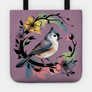 Pastel Tufted Titmouse with Rainbow Floral Wreath Tote