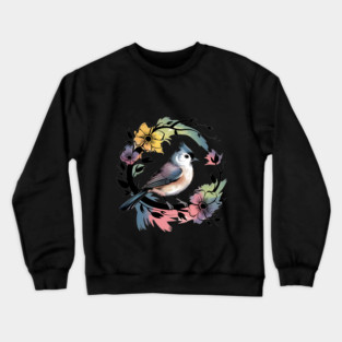 Pastel Tufted Titmouse with Rainbow Floral Wreath Crewneck Sweatshirt