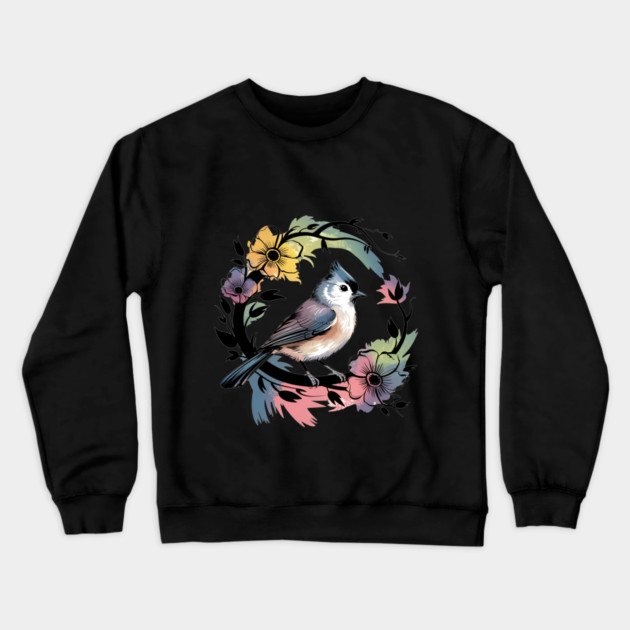 Pastel Tufted Titmouse with Rainbow Floral Wreath Crewneck Sweatshirt by BirdsnStuff