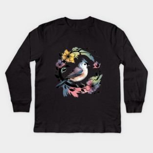 Pastel Tufted Titmouse with Rainbow Floral Wreath Kids Long Sleeve T-Shirt